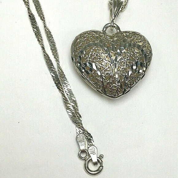 Sterling Silver Ornate Heart Necklace Twist Chain - Picture 7 of 12
